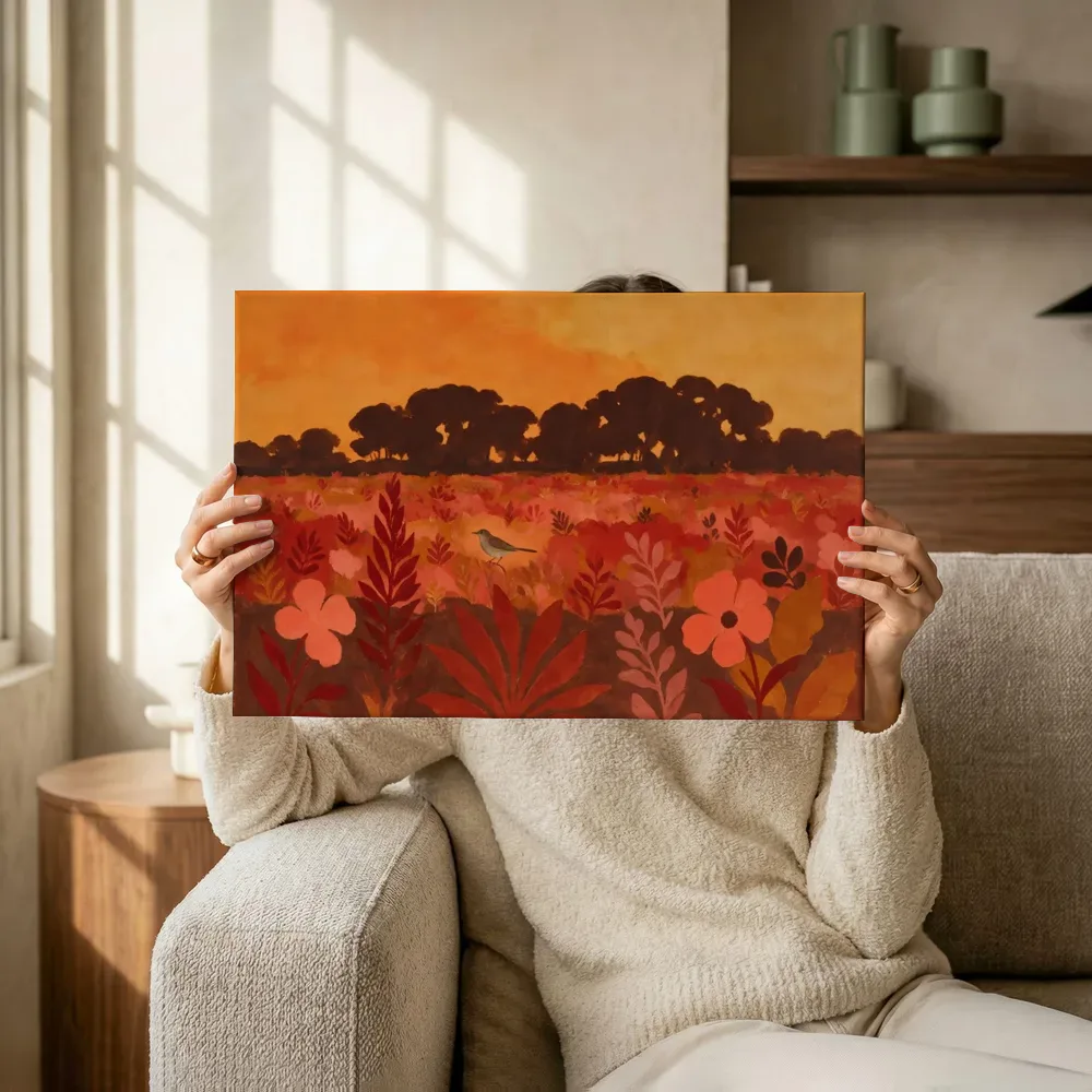 Sfeerimpressie: Heide in warme kleuren bij elkaar terwijl het omhoog wordt gehouden