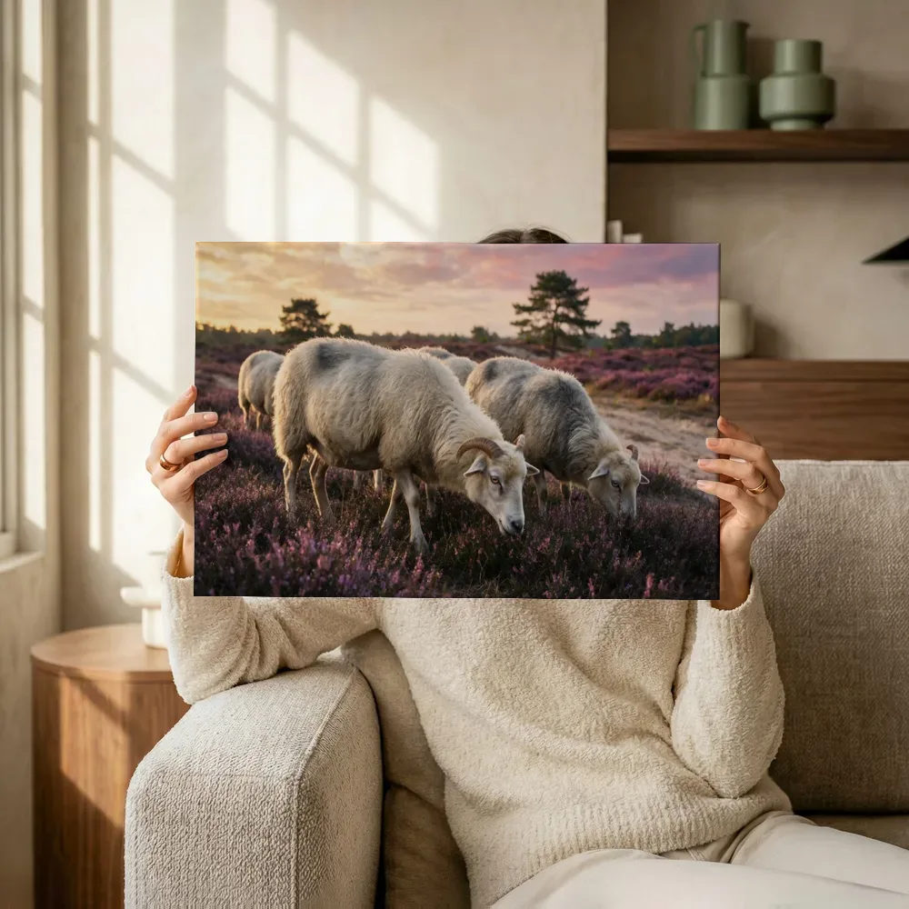 Sfeerimpressie: Heide schapen in paars en goud terwijl het omhoog wordt gehouden