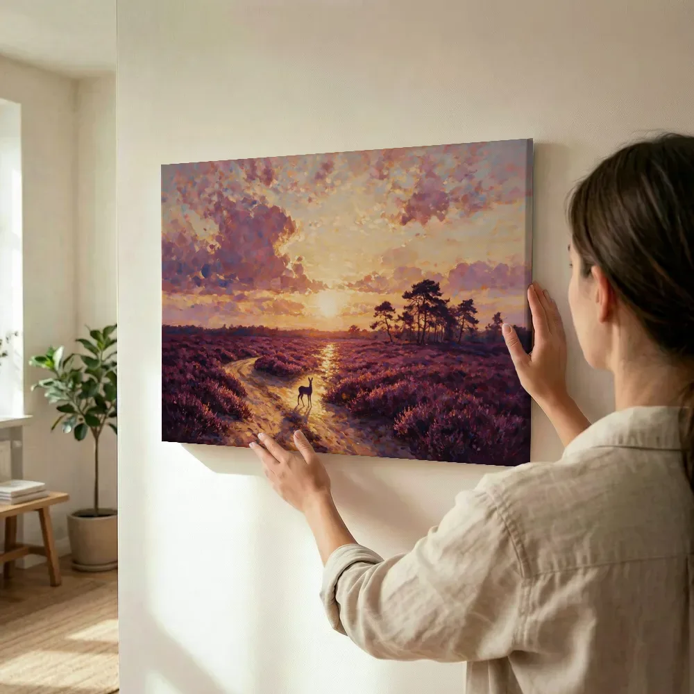 Sfeerimpressie: Heide zonsondergang in paars en goud met turkoois terwijl het wordt opgehangen