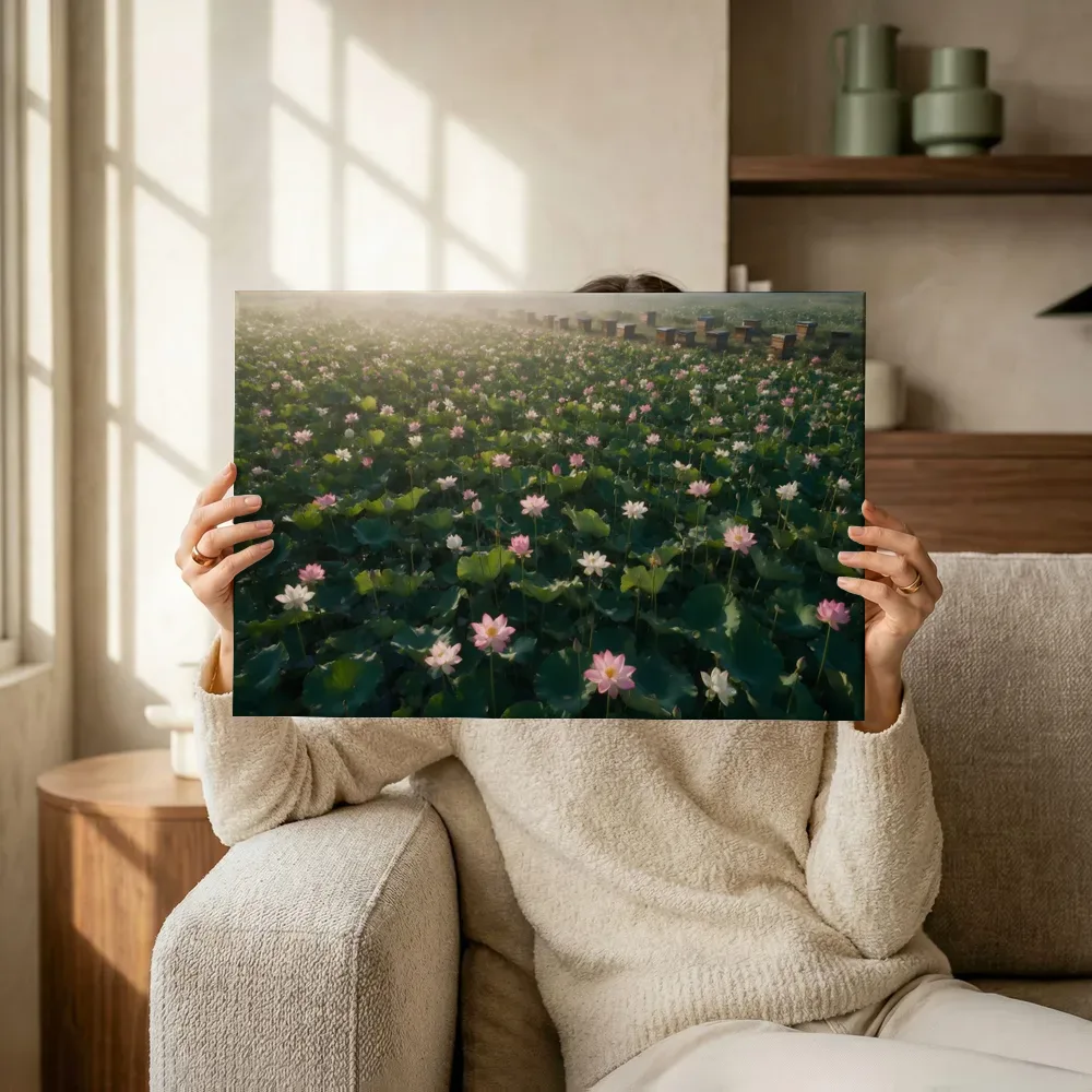 Sfeerimpressie: Heilige Lotus bij de ochtendmist 2 terwijl het omhoog wordt gehouden