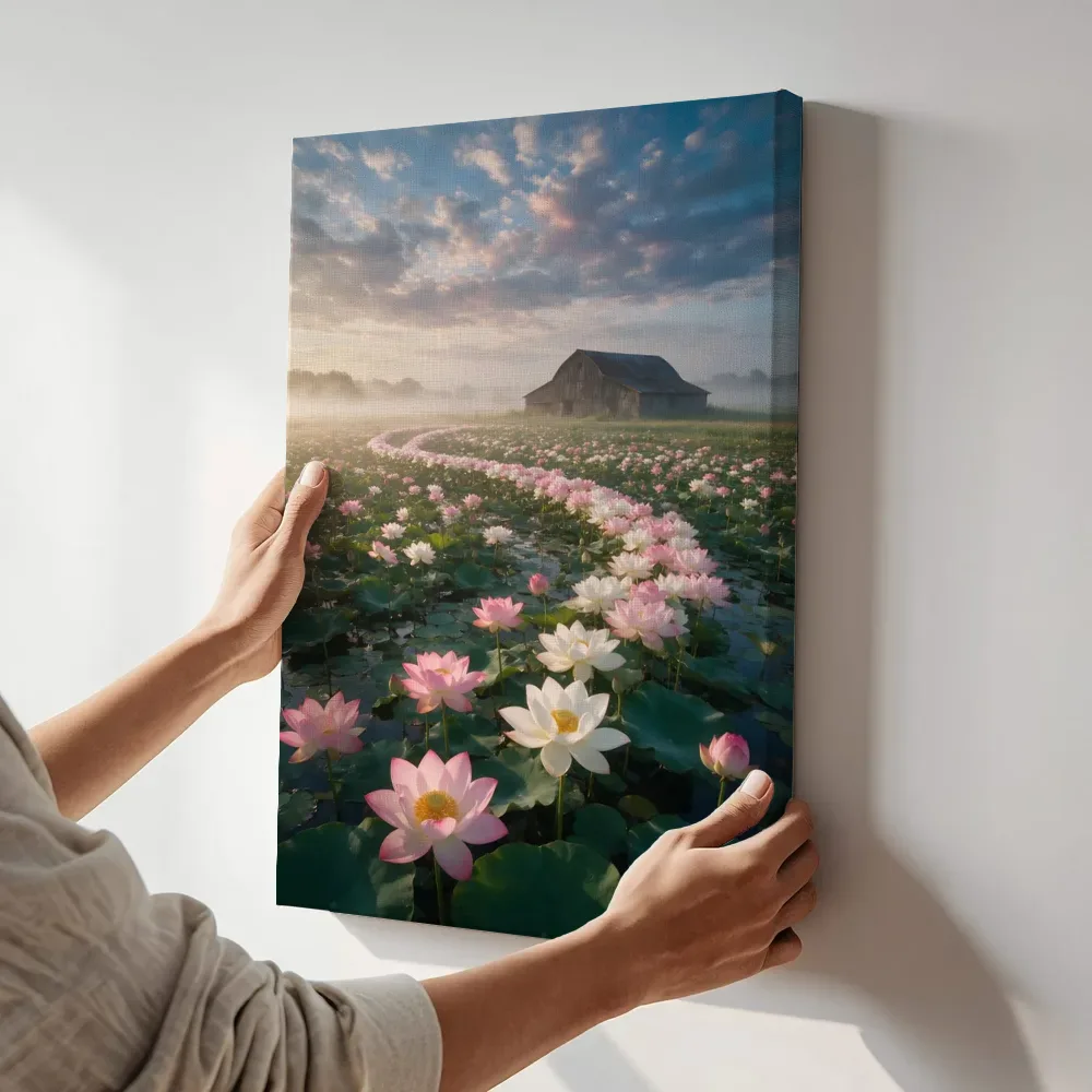 Sfeerimpressie: Heilige Lotus bij de ochtendmist 3 terwijl het aan de muur wordt gehangen