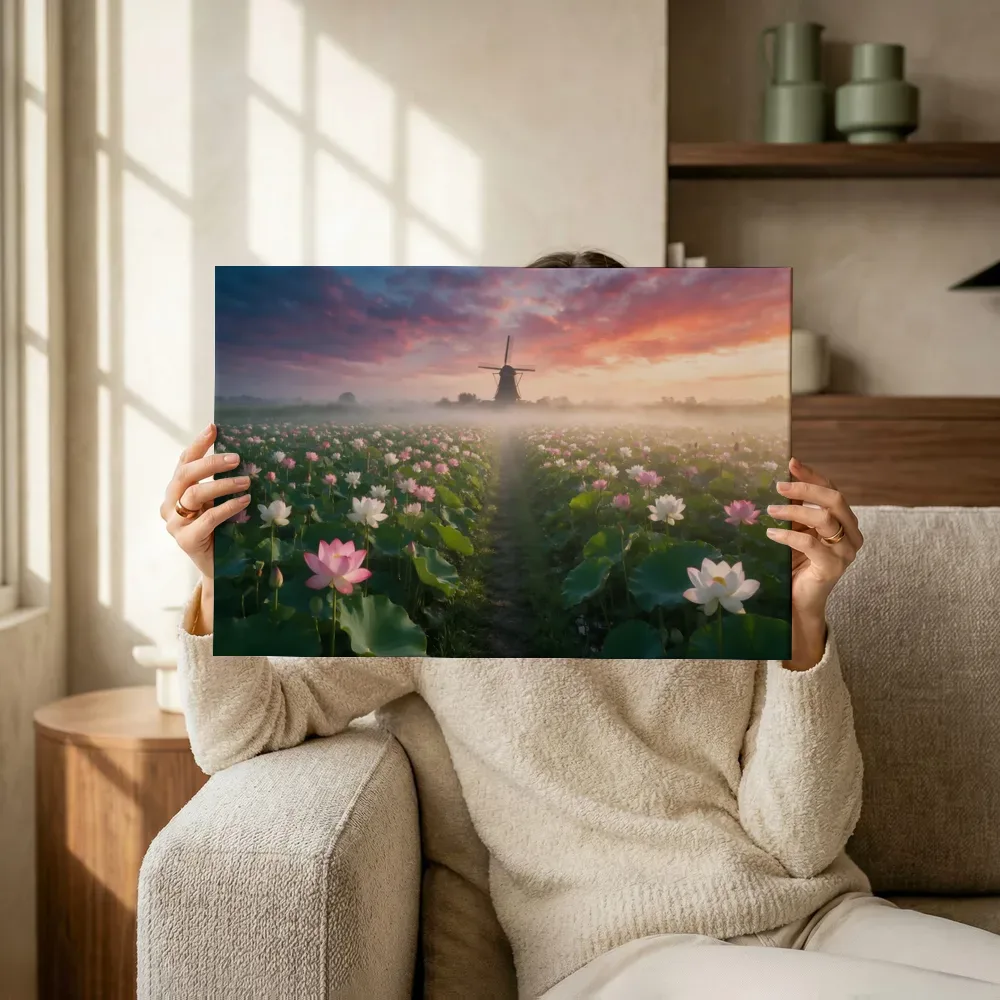 Sfeerimpressie: Heilige Lotus bij de ochtendmist 4 terwijl het omhoog wordt gehouden