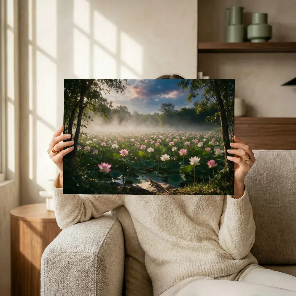 Sfeerimpressie: Heilige Lotus bij de ochtendmist 6 terwijl het omhoog wordt gehouden