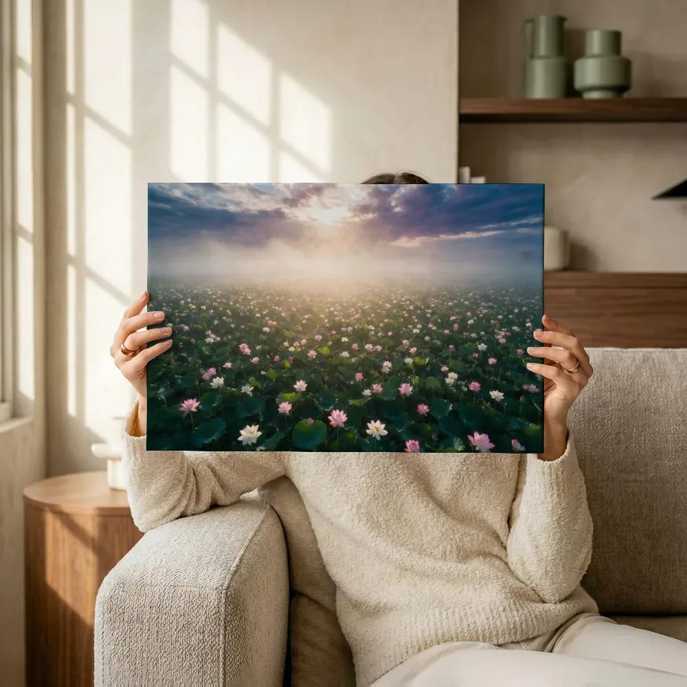 Sfeerimpressie: Heilige Lotus bij de ochtendmist 8 terwijl het omhoog wordt gehouden