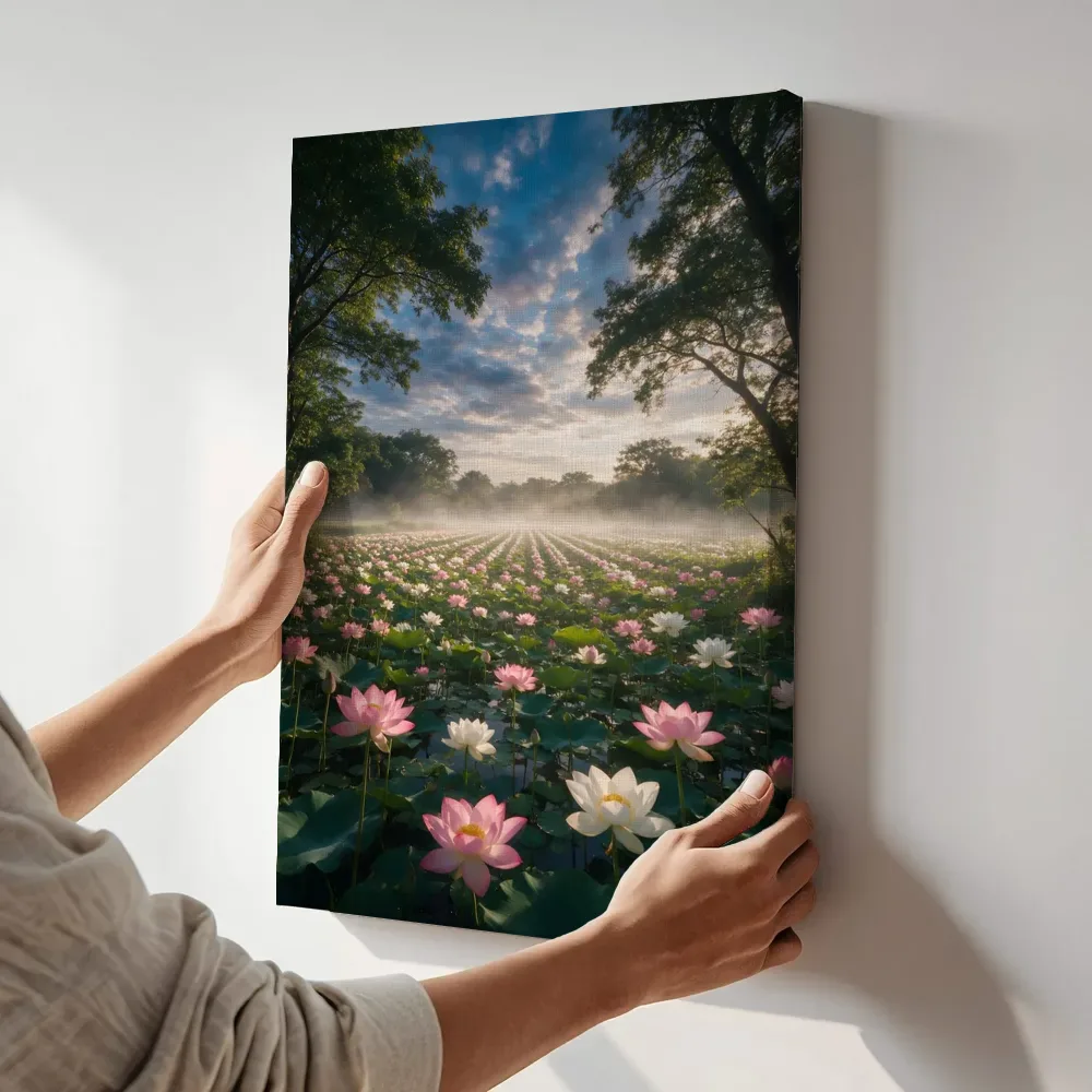 Sfeerimpressie: Heilige Lotus bij de ochtendmist 9 terwijl het aan de muur wordt gehangen