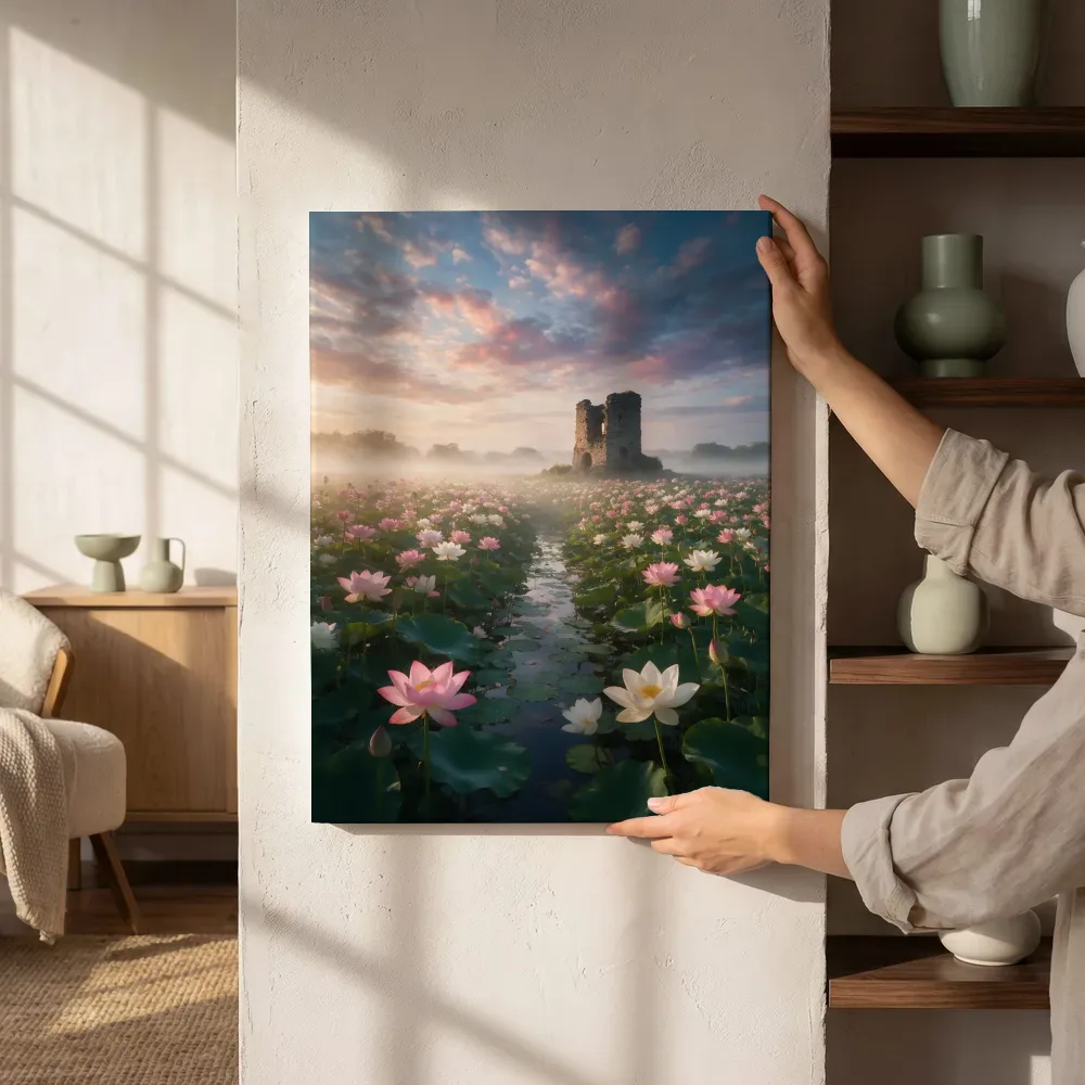 Sfeerimpressie: Heilige Lotus bij de ochtendmist naast de kast