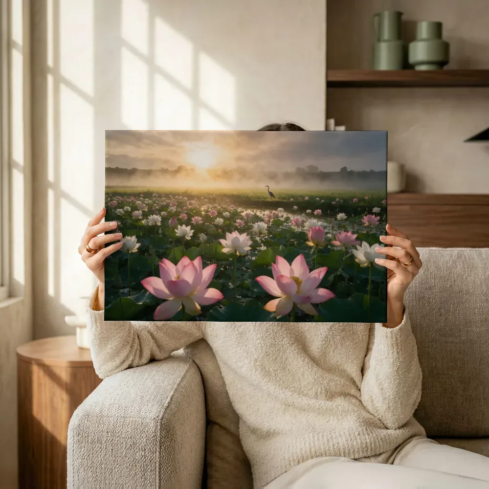 Sfeerimpressie: Heilige Lotus bij de zonsopkomst 5 terwijl het omhoog wordt gehouden
