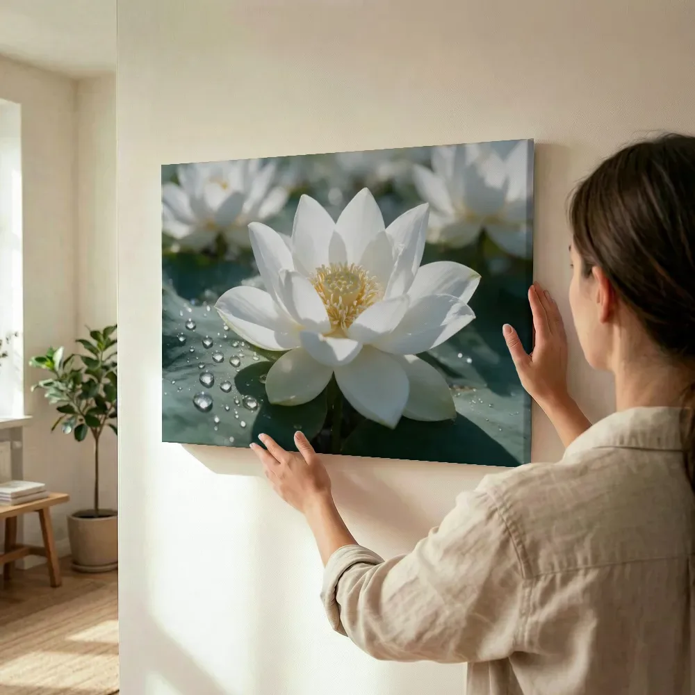 Sfeerimpressie: Heilige Lotus in dauw, glinsterlicht, wit 2 terwijl het wordt opgehangen