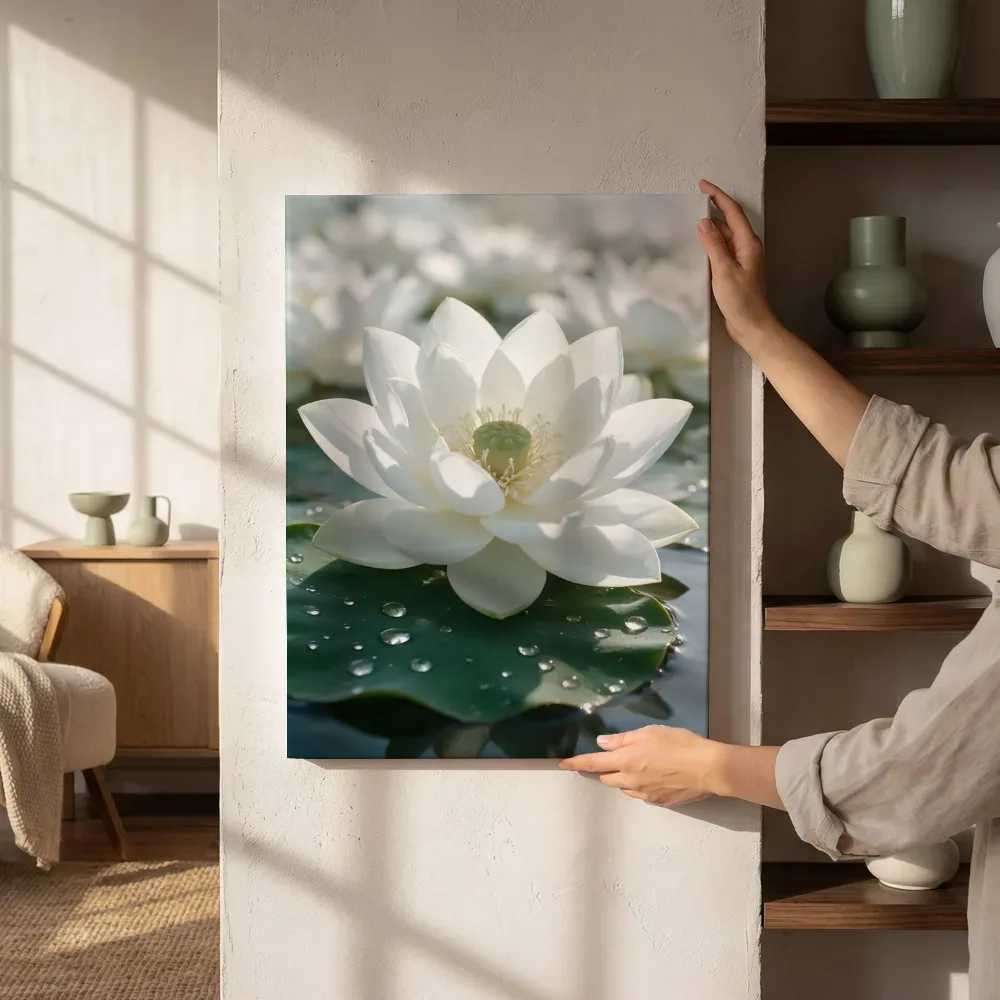Sfeerimpressie: Heilige Lotus in dauw, glinsterlicht, wit naast de kast