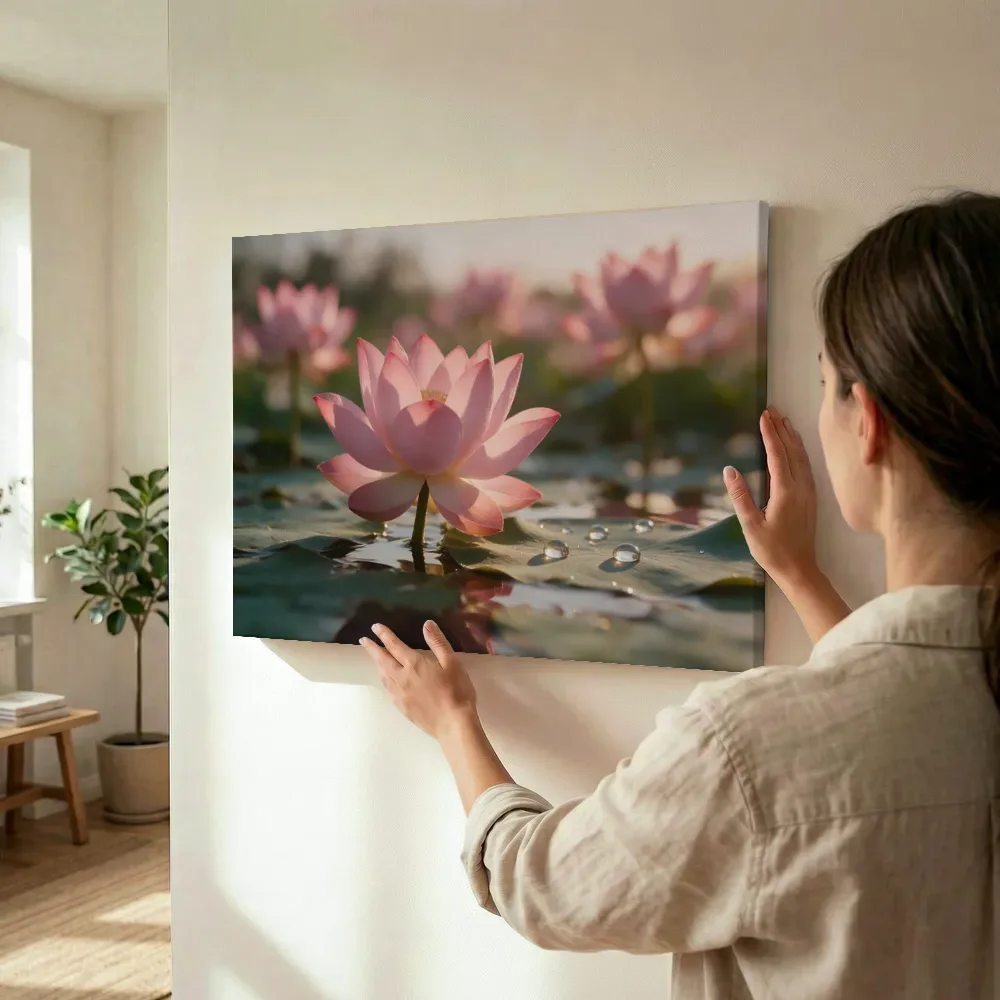 Sfeerimpressie: Heilige Lotus in dauw, gouden gloed, zachtroze 2 terwijl het wordt opgehangen