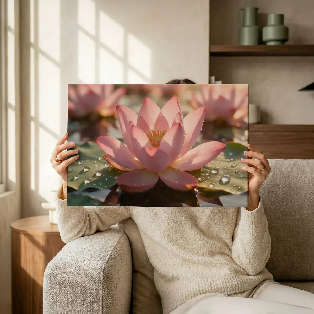 Sfeerimpressie: Heilige Lotus in dauw, gouden gloed, zachtroze terwijl het omhoog wordt gehouden