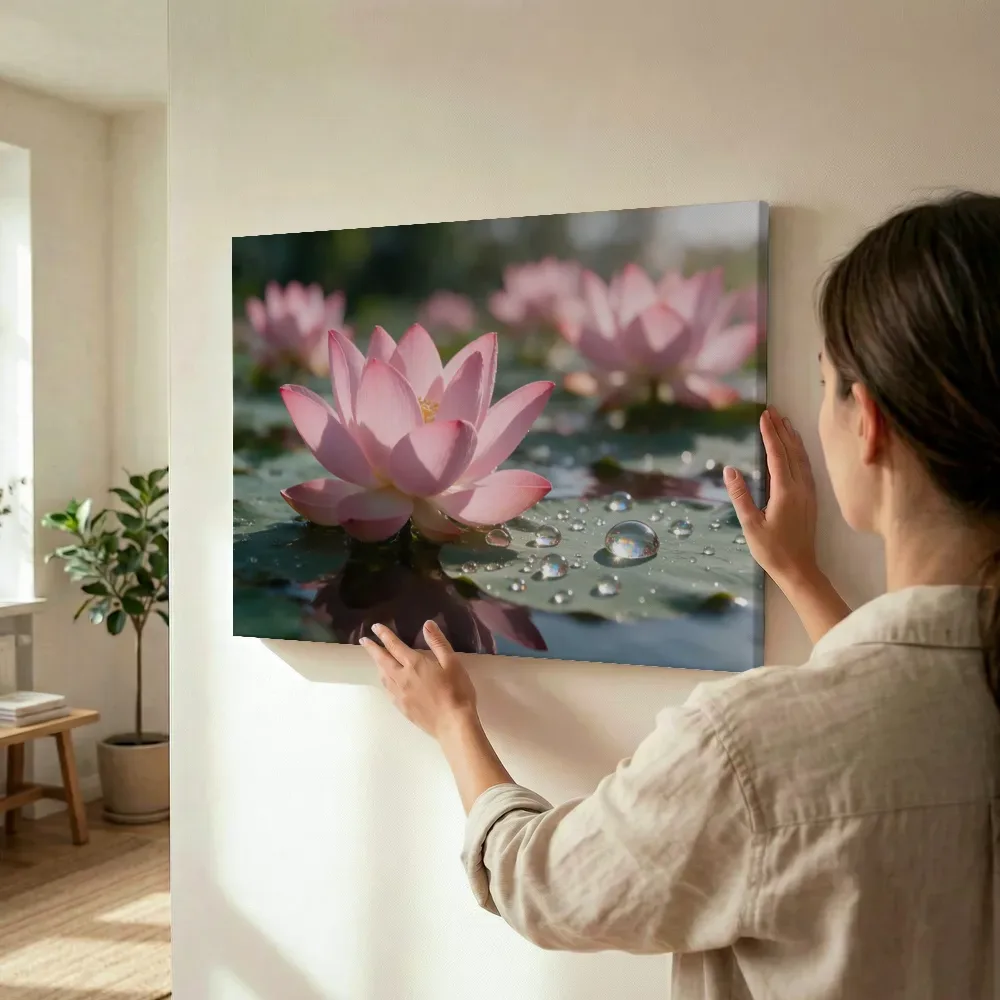 Sfeerimpressie: Heilige Lotus in dauw, regenboogglans, zachtroze terwijl het wordt opgehangen