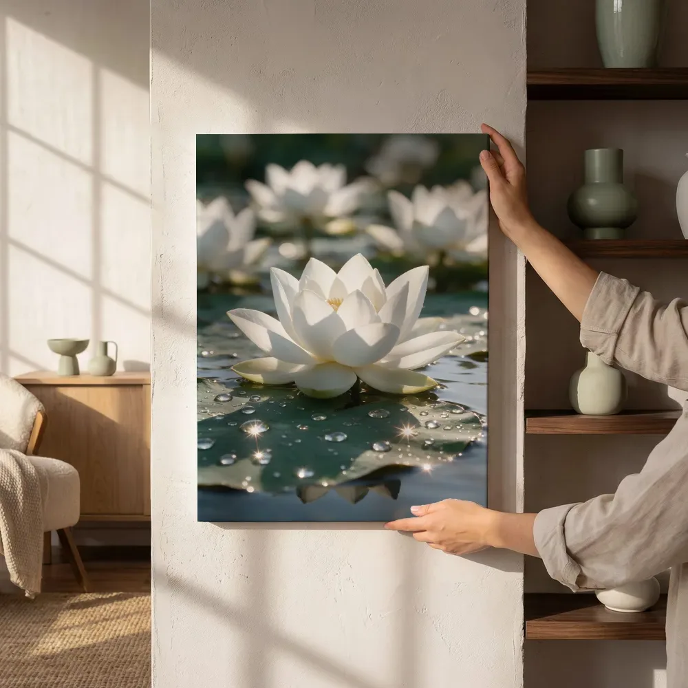 Sfeerimpressie: Heilige Lotus in dauw, sterrenglans, wit naast de kast