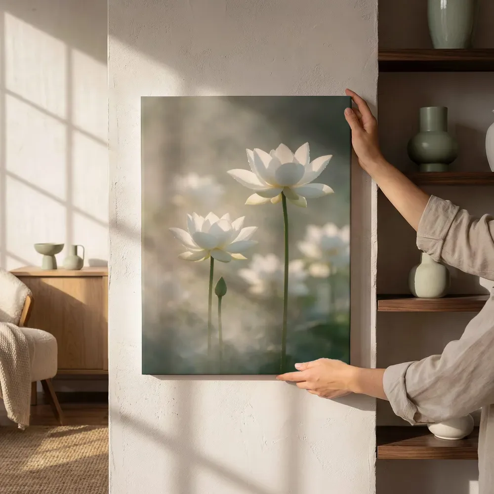 Sfeerimpressie: Heilige Lotus in de ochtendmist, wit 2 naast de kast