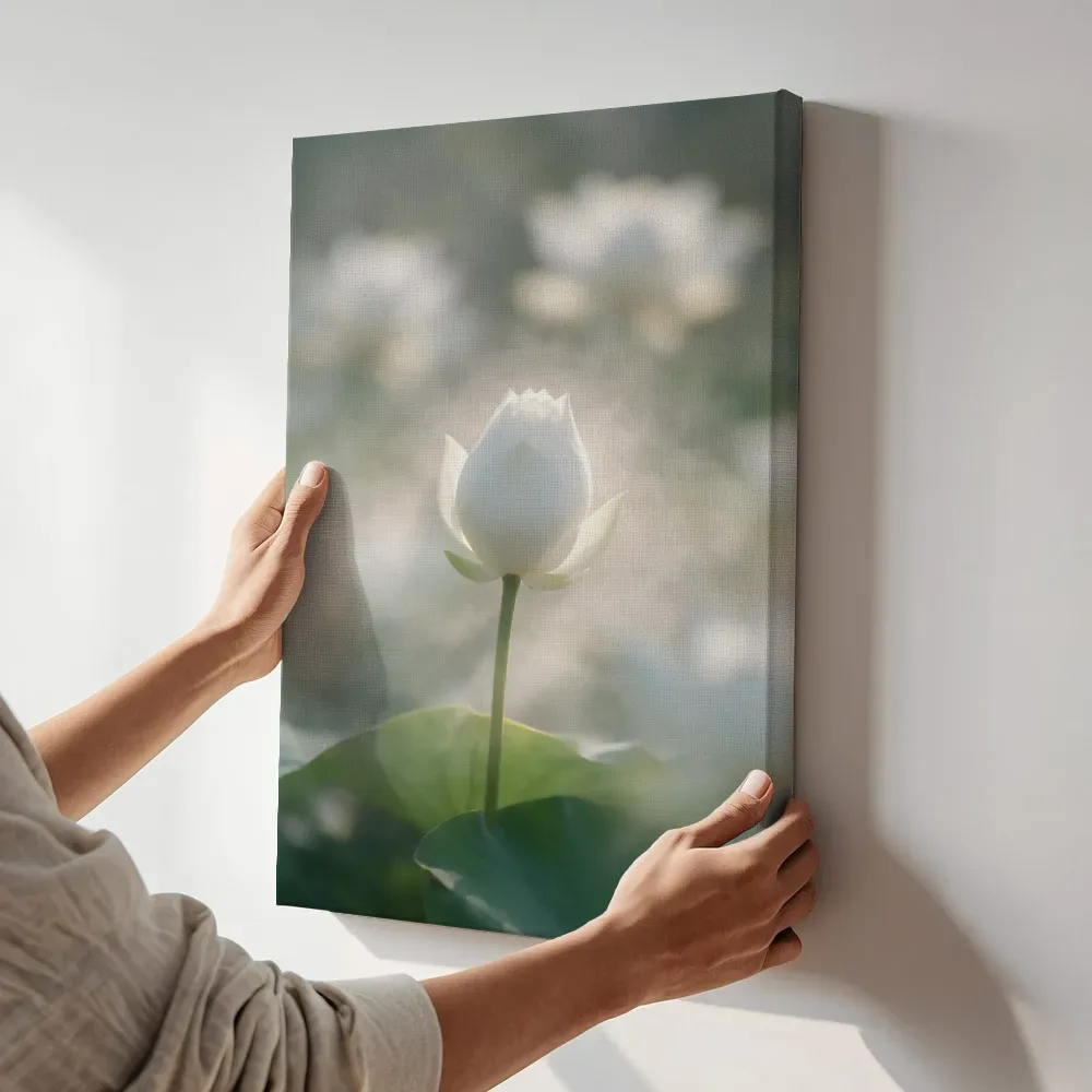 Sfeerimpressie: Heilige Lotus in de ochtendmist, wit 3 terwijl het aan de muur wordt gehangen