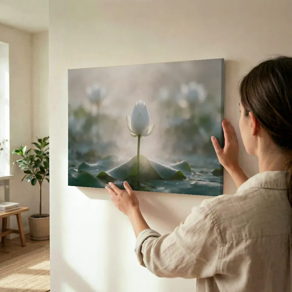 Sfeerimpressie: Heilige Lotus in de ochtendmist, wit 4 terwijl het wordt opgehangen