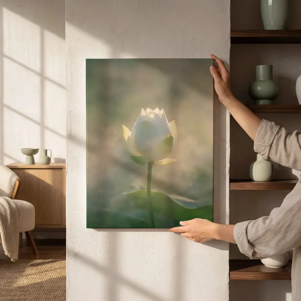 Sfeerimpressie: Heilige Lotus in de ochtendmist, wit 5 naast de kast