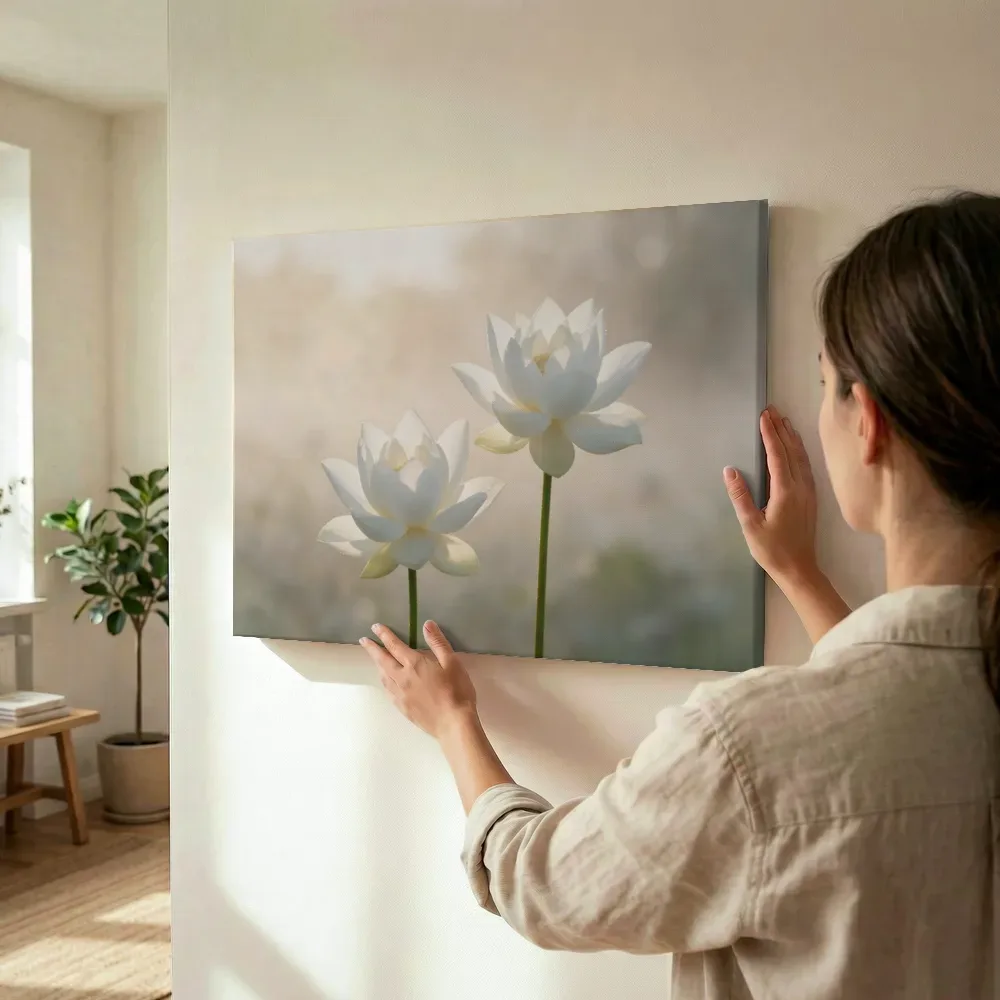 Sfeerimpressie: Heilige Lotus in de ochtendmist, wit 6 terwijl het wordt opgehangen