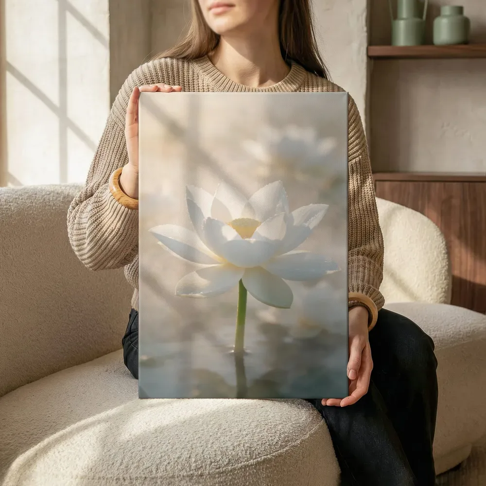 Sfeerimpressie: Heilige Lotus in de ochtendmist, wit 7 terwijl het zittend wordt getoond
