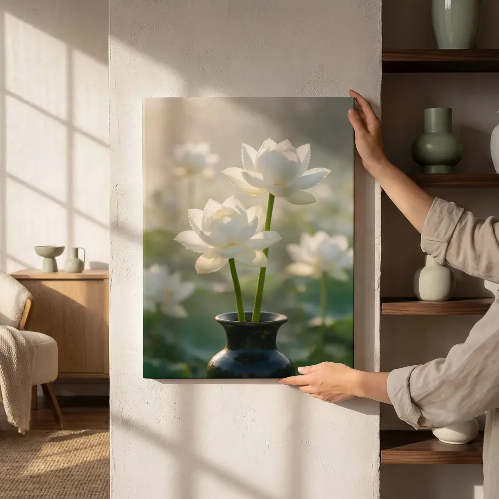 Sfeerimpressie: Heilige Lotus in de ochtendmist, wit 8 naast de kast