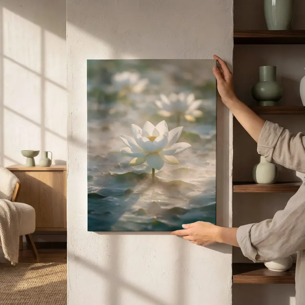 Sfeerimpressie: Heilige Lotus in de ochtendmist, wit naast de kast