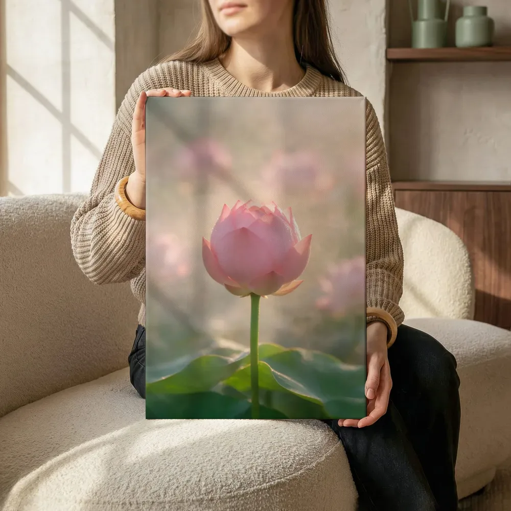 Sfeerimpressie: Heilige Lotus in de ochtendmist, zachtroze 2 terwijl het zittend wordt getoond