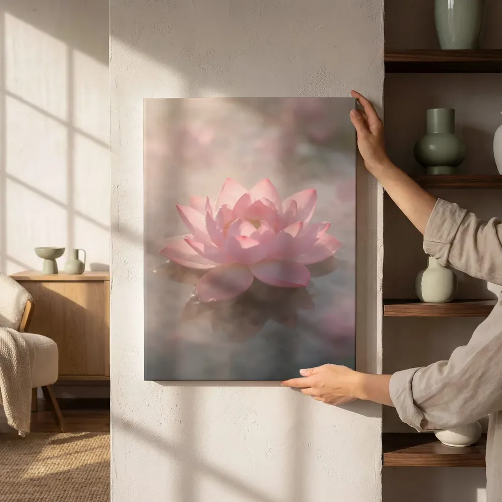 Sfeerimpressie: Heilige Lotus in de ochtendmist, zachtroze 3 naast de kast