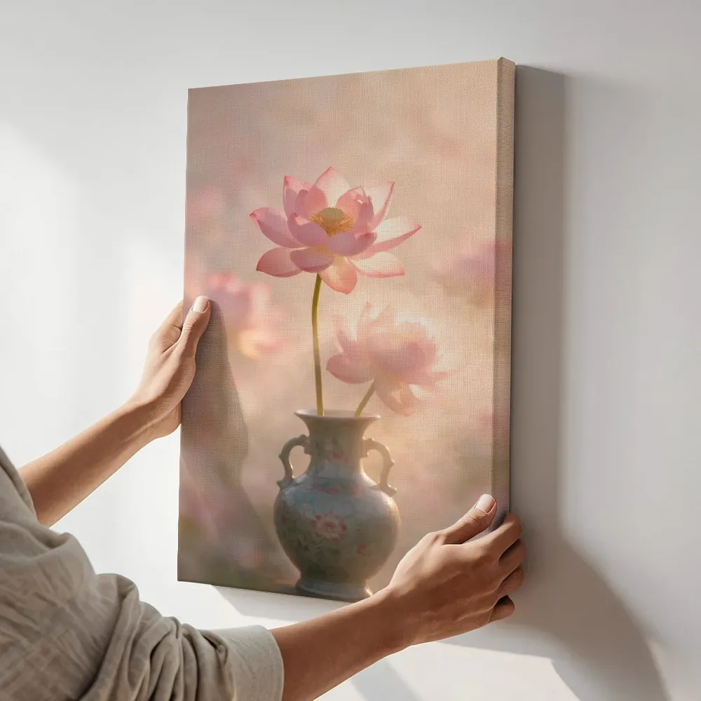 Sfeerimpressie: Heilige Lotus in de ochtendmist, zachtroze 4 terwijl het aan de muur wordt gehangen