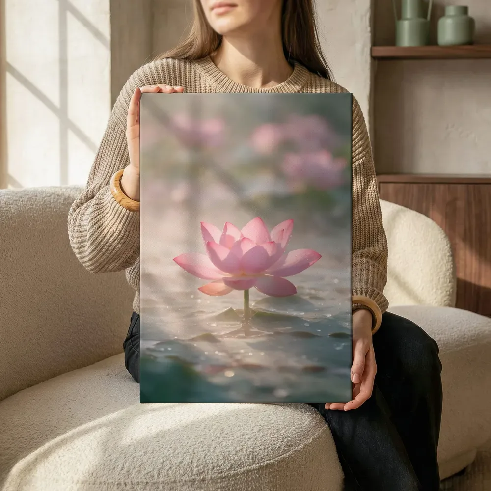 Sfeerimpressie: Heilige Lotus in de ochtendmist, zachtroze 5 terwijl het zittend wordt getoond
