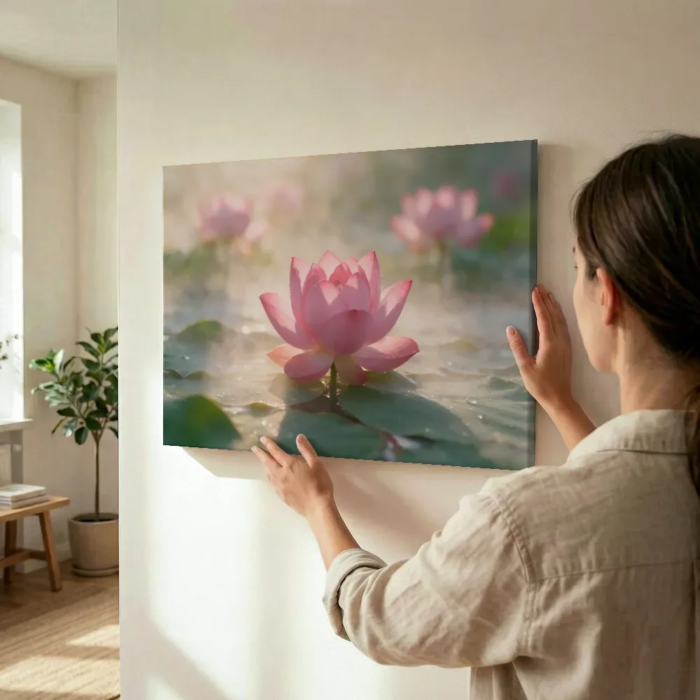 Sfeerimpressie: Heilige Lotus in de ochtendmist, zachtroze 6 terwijl het wordt opgehangen