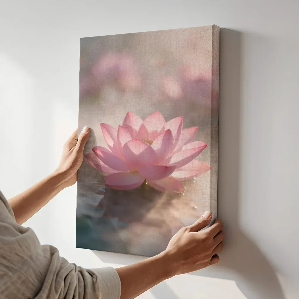 Sfeerimpressie: Heilige Lotus in de ochtendmist, zachtroze 7 terwijl het aan de muur wordt gehangen