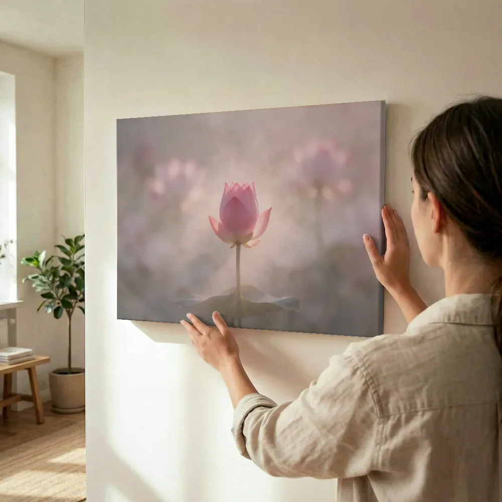 Sfeerimpressie: Heilige Lotus in de ochtendmist, zachtroze 8 terwijl het wordt opgehangen