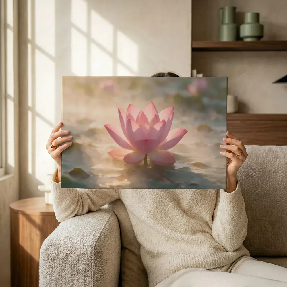 Sfeerimpressie: Heilige Lotus in de ochtendmist, zachtroze 9 terwijl het omhoog wordt gehouden