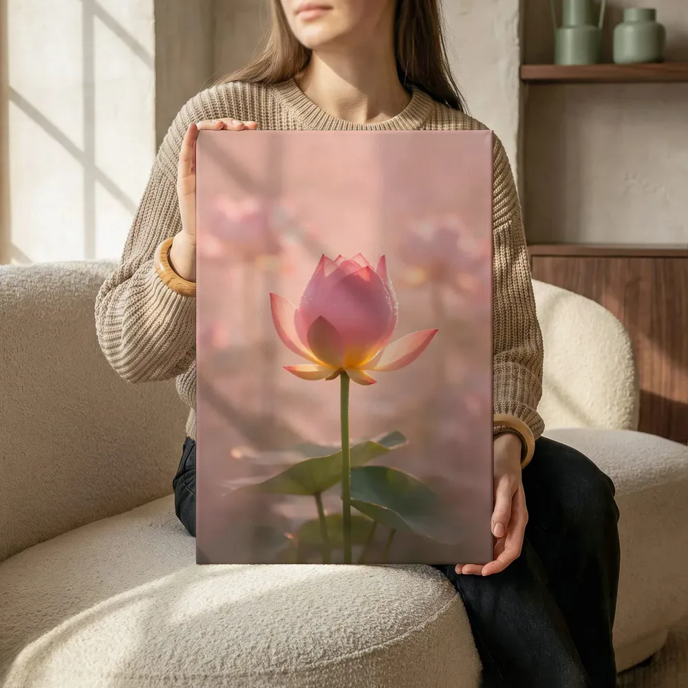 Sfeerimpressie: Heilige Lotus in de ochtendmist, zachtroze terwijl het zittend wordt getoond