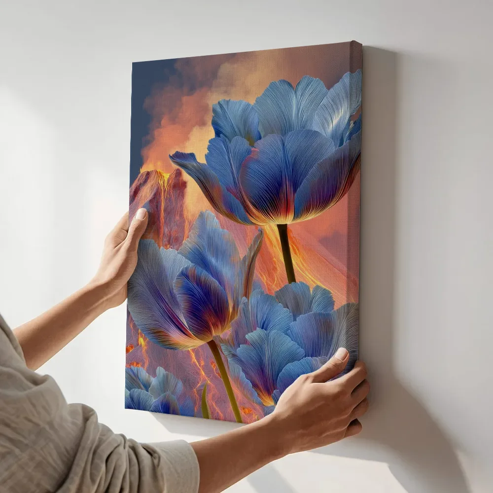 Sfeerimpressie: Hemelsblauwe tulpen bij de vulkaan terwijl het aan de muur wordt gehangen