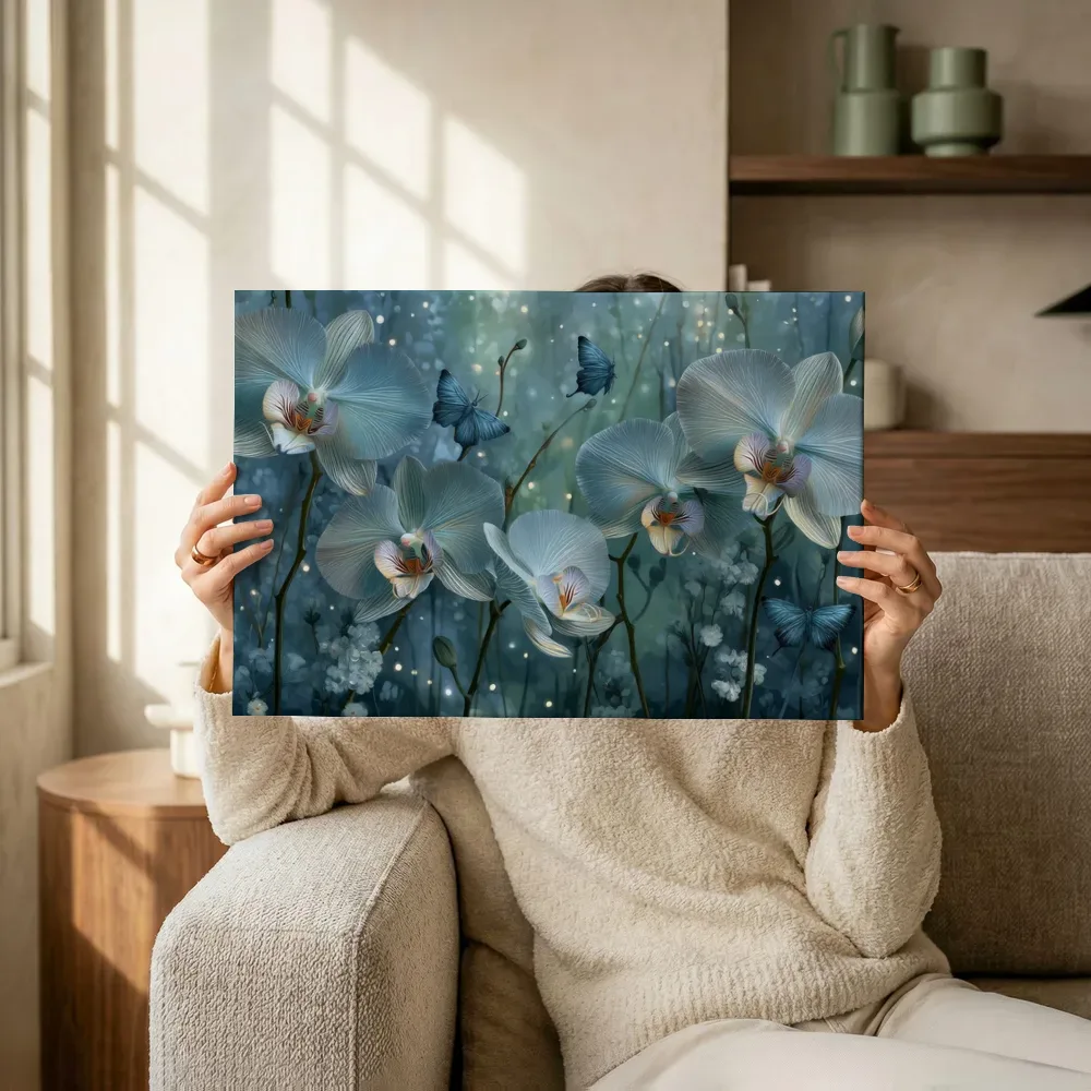Sfeerimpressie: Hemelse orchideeën met blauwe vlinders terwijl het omhoog wordt gehouden