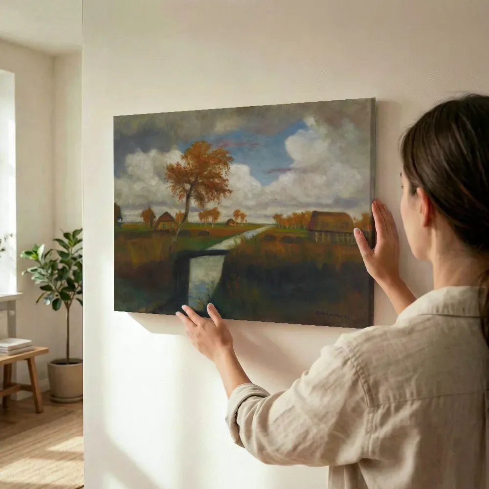 Sfeerimpressie: Herfst in het veen, veenbrug van Otto Modersohn terwijl het wordt opgehangen
