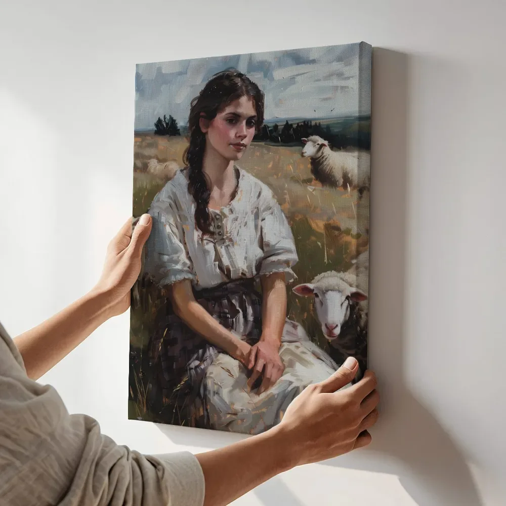 Sfeerimpressie: Herderin tussen de schapen terwijl het aan de muur wordt gehangen