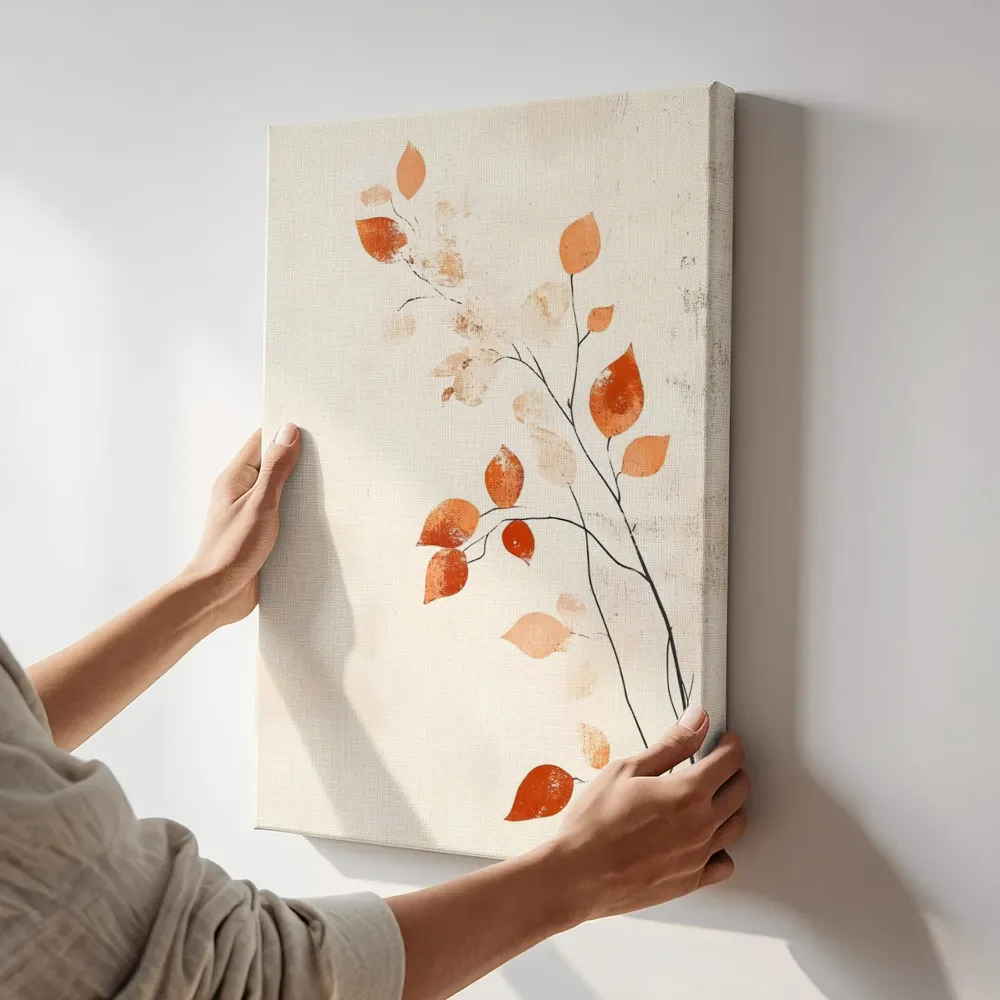 Sfeerimpressie: Herfstblad tak minimalistisch terwijl het aan de muur wordt gehangen
