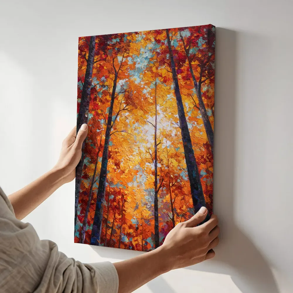 Sfeerimpressie: Herfstbladerdak met blauwe lucht terwijl het aan de muur wordt gehangen