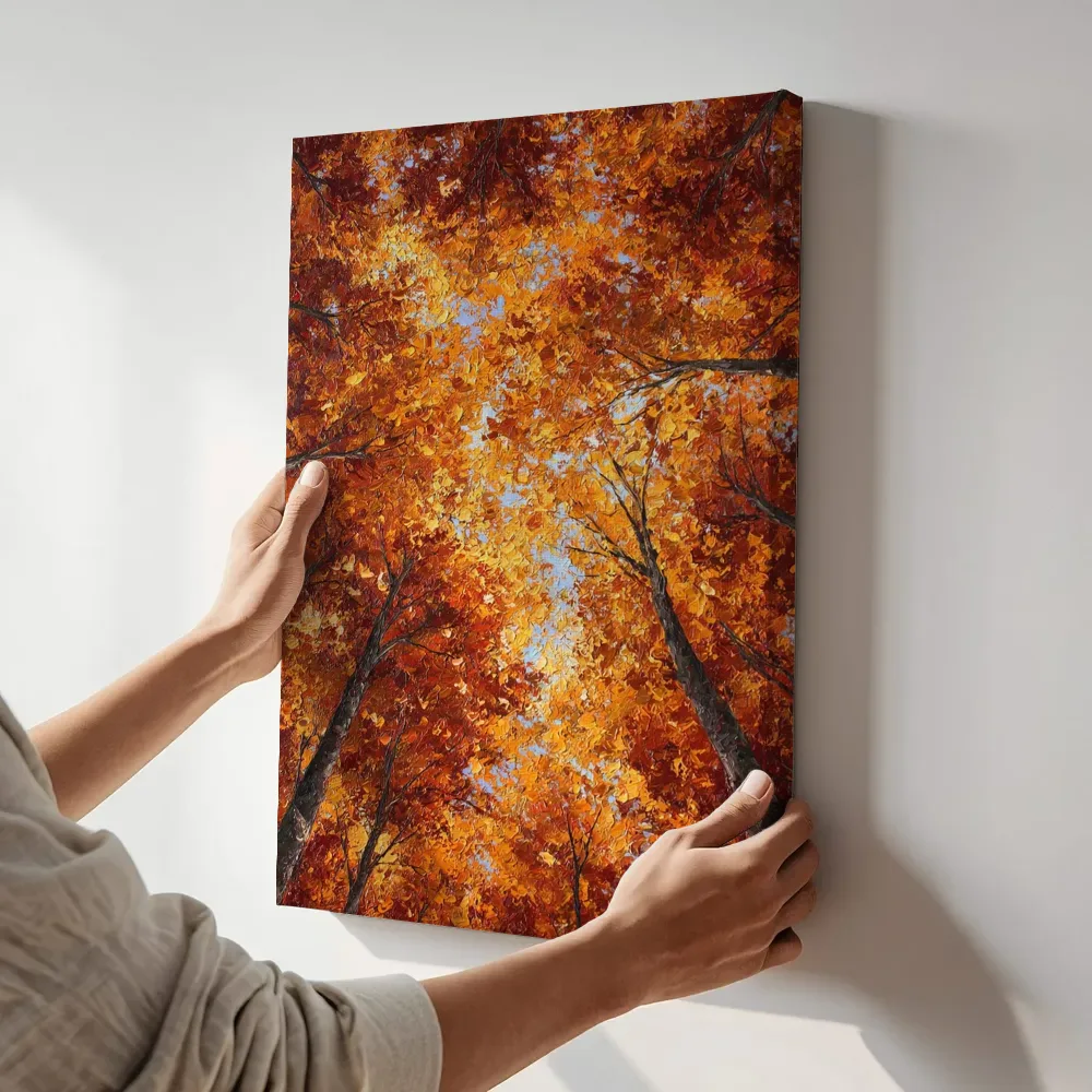 Sfeerimpressie: Herfstbladerdak in oranje terwijl het aan de muur wordt gehangen