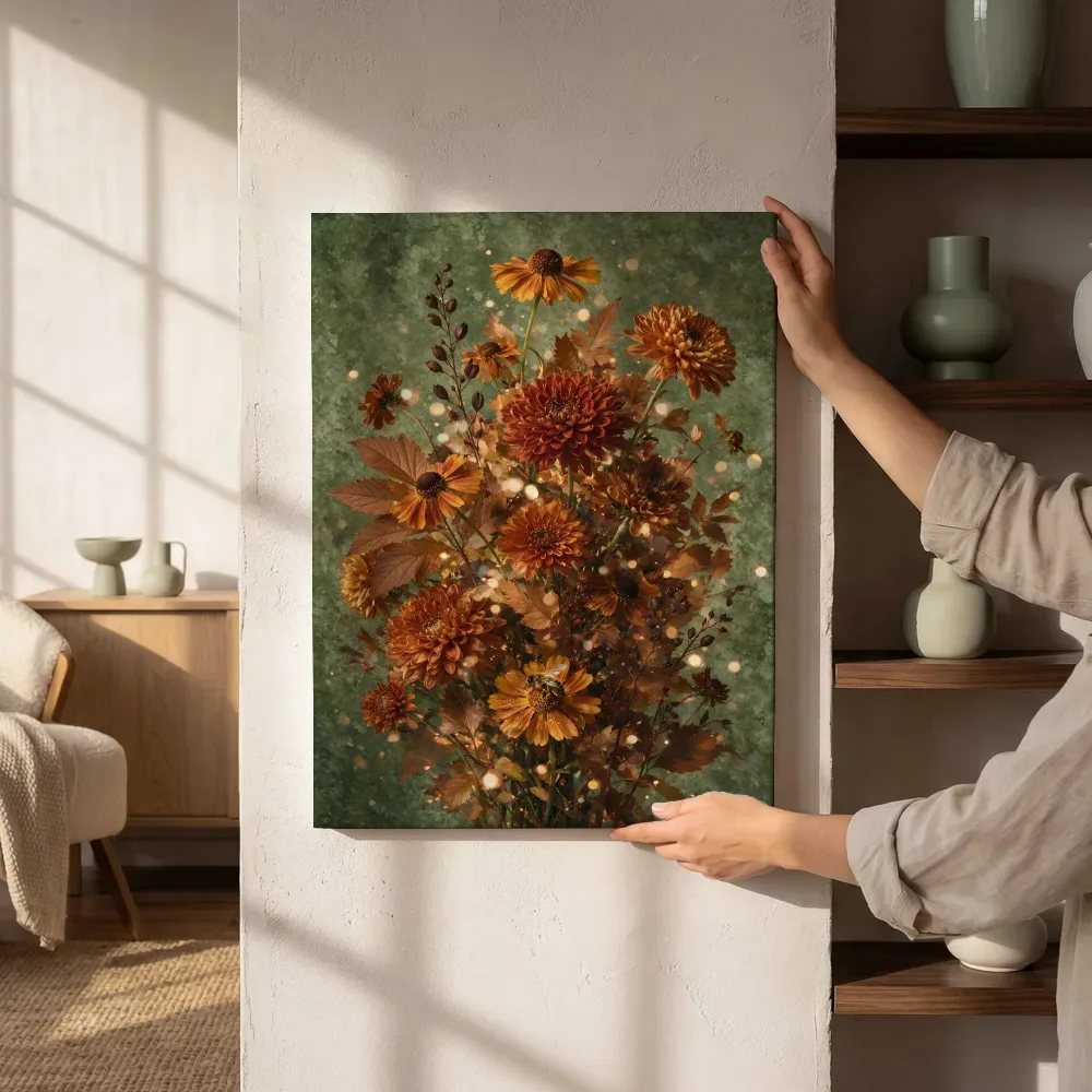 Sfeerimpressie: Herfstboeket in warme tinten terwijl het aan de muur wordt gehangen