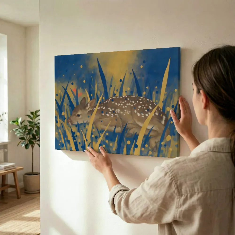 Sfeerimpressie: Hert in diep delftsblauw en mosterd terwijl het wordt opgehangen