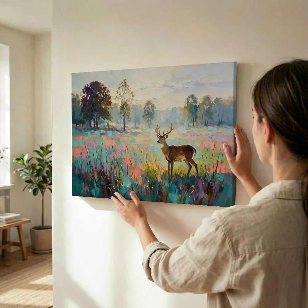 Sfeerimpressie: Hert diep in het landschap tussen de grassen terwijl het omhoog wordt gehouden