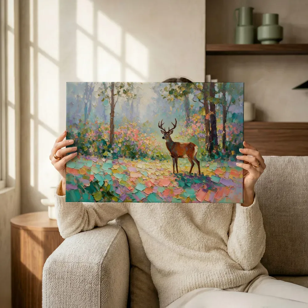 Sfeerimpressie: Hert in het landschap in een bloementuin terwijl het omhoog wordt gehouden