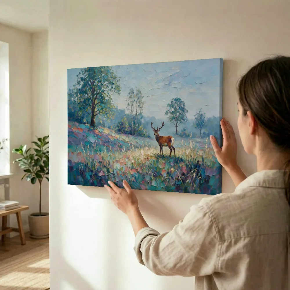 Sfeerimpressie: Hert in het landschap tussen de grassen terwijl het wordt opgehangen