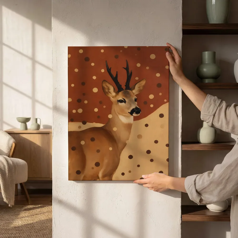 Sfeerimpressie: Hert in terracotta en zand naast de kast