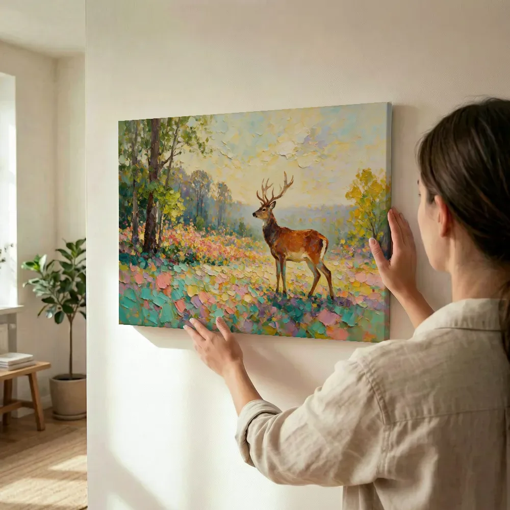 Sfeerimpressie: Hert warm in het landschap in een bloementuin terwijl het omhoog wordt gehouden