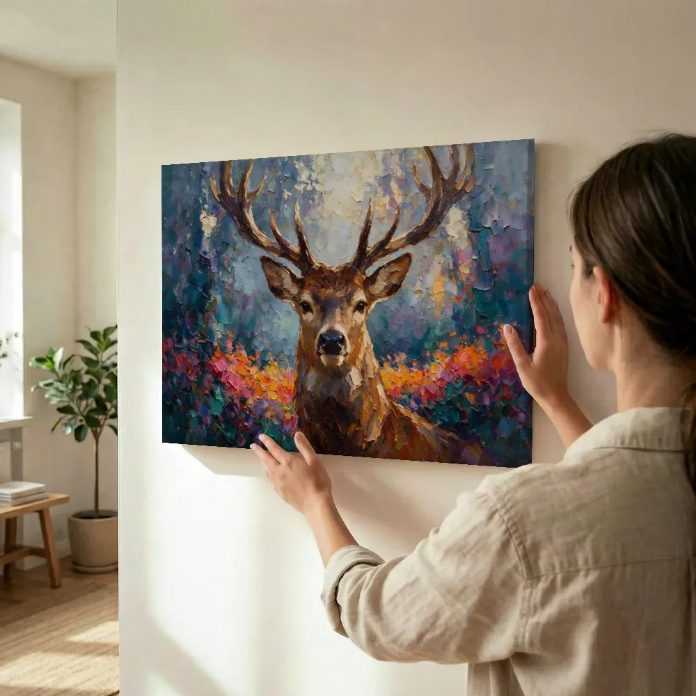 Sfeerimpressie: Hert portret donker in een bloementuin terwijl het omhoog wordt gehouden