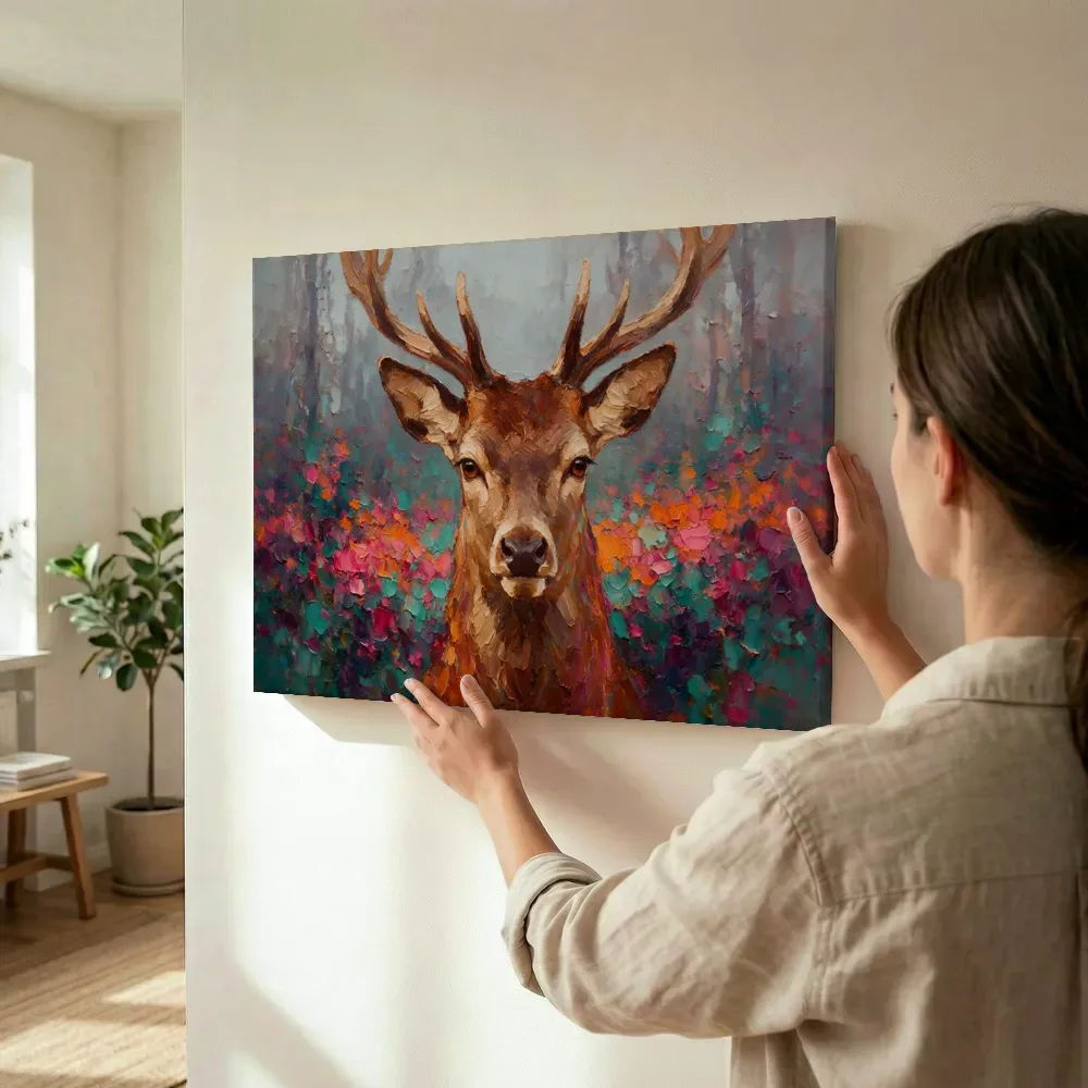 Sfeerimpressie: Hert portret warm in een bloementuin terwijl het omhoog wordt gehouden